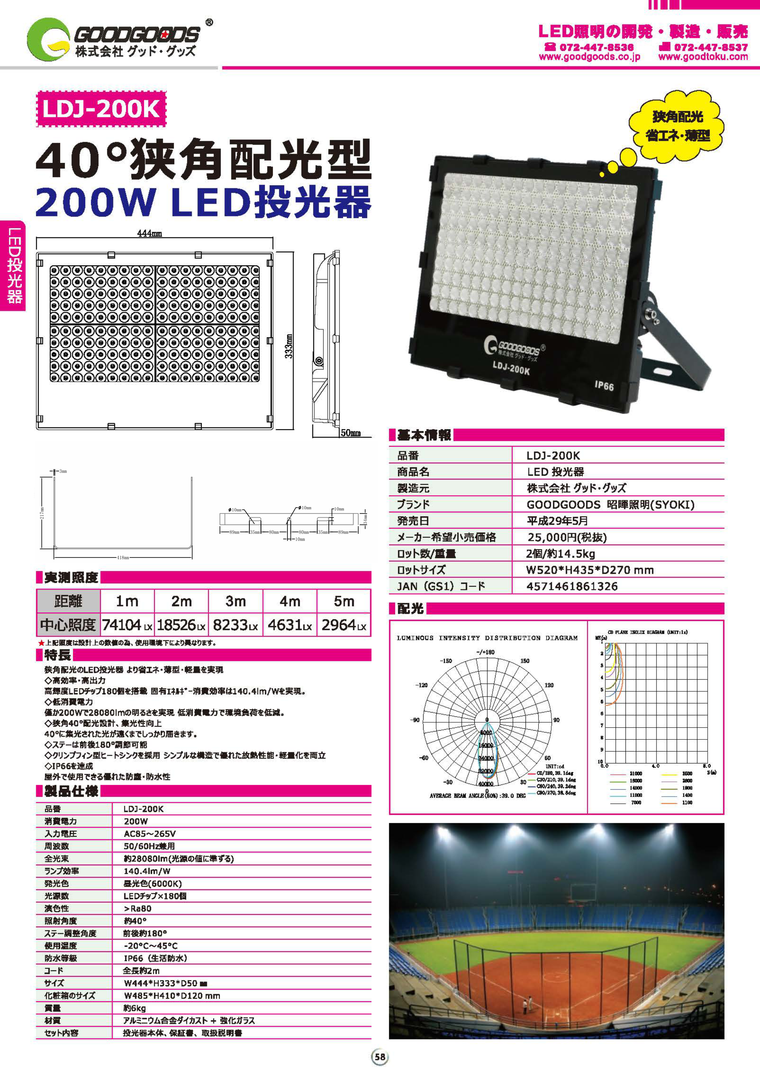 グッドグッズ(GOODGOODS) LED 投光器 200W 28080LM 極薄型 長距離照射 狭角40°スポットライト 高輝度 防水 運動場 看板灯  LDJ-200K